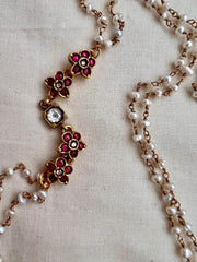 Gold polish kundan & ruby side mope with pearls chain-Silver Neckpiece-CI-House of Taamara