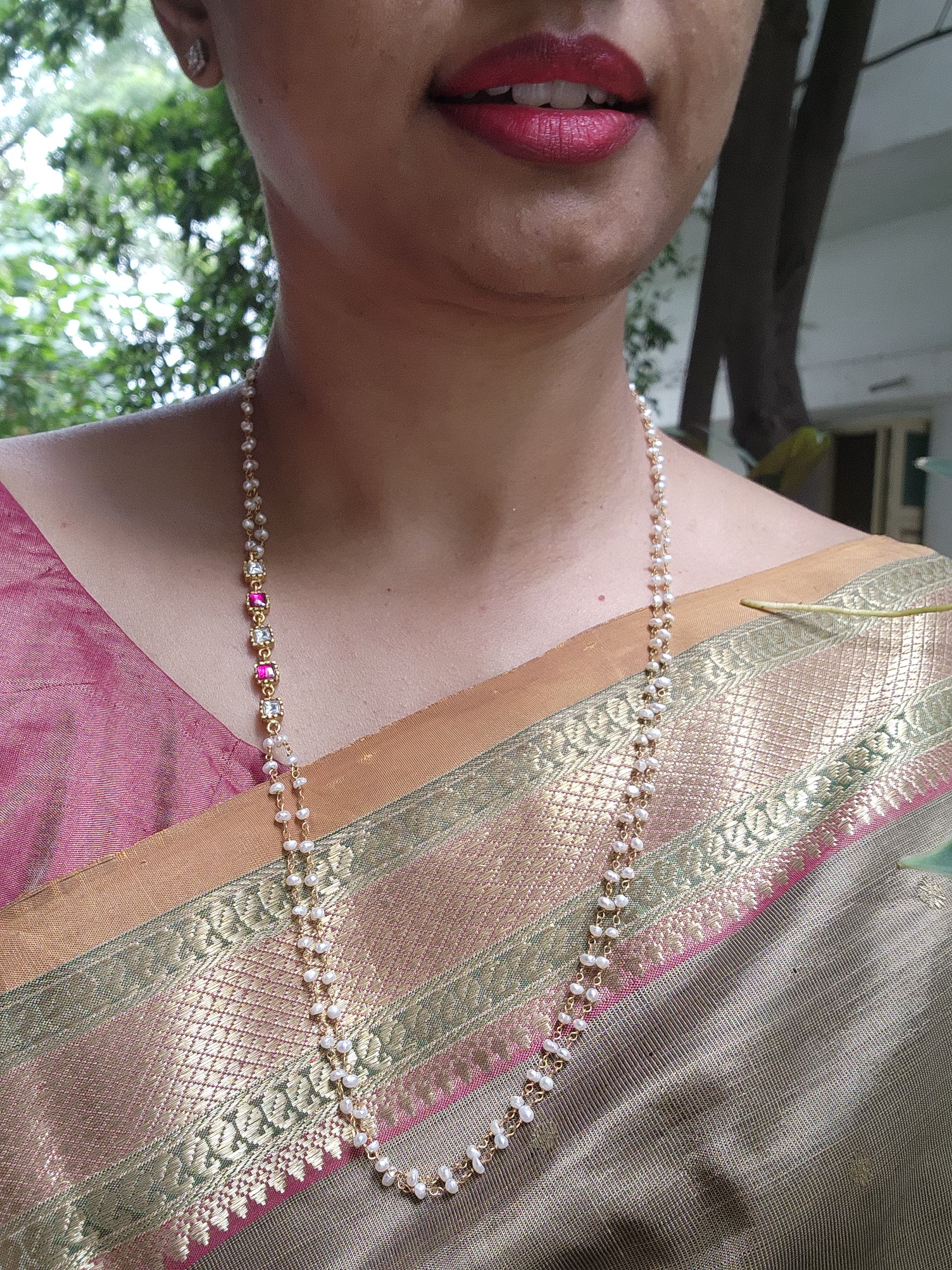 Gold polish kundan & ruby side mope with pearls chain-Silver Neckpiece-CI-House of Taamara