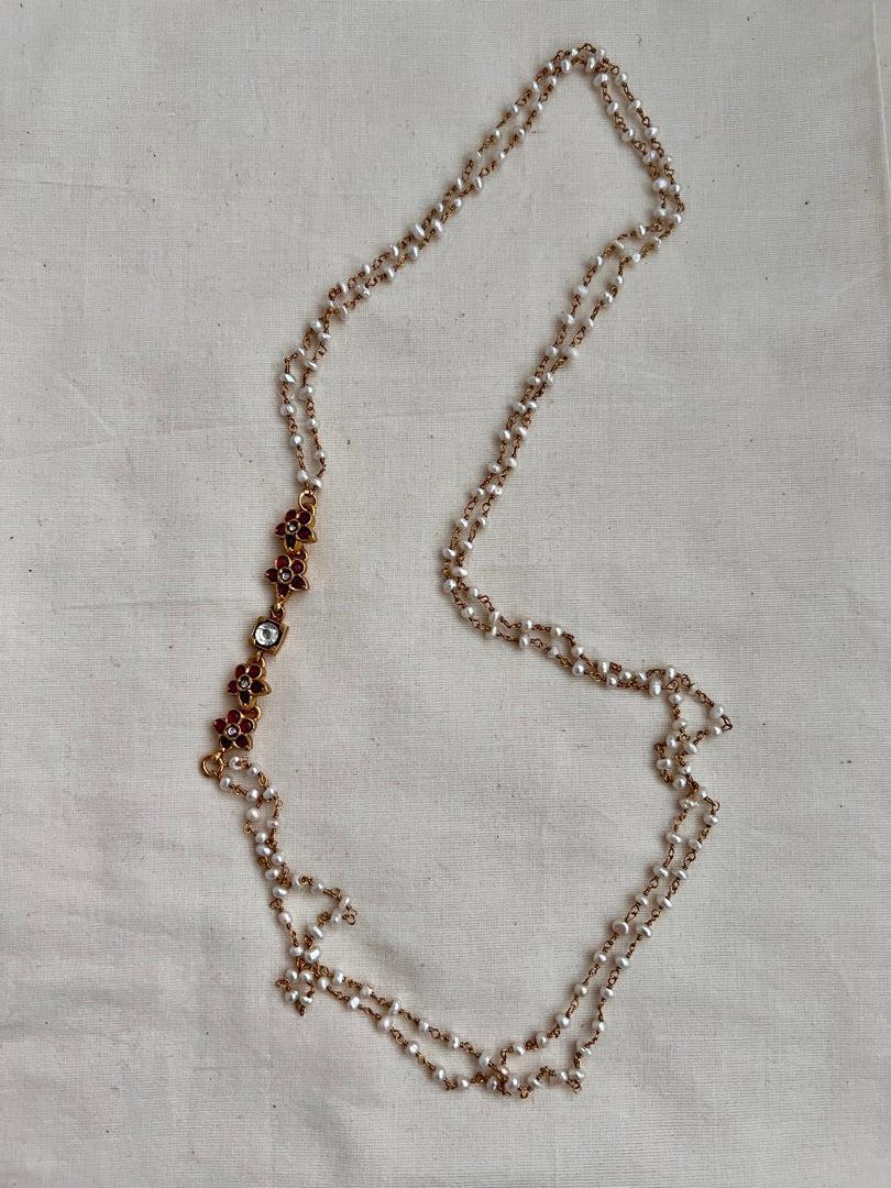 Gold polish kundan & ruby side mope with pearls chain-Silver Neckpiece-CI-House of Taamara