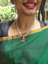 Gold polish kundan & ruby small square pendant necklace with pearls chain-Silver Neckpiece-CI-House of Taamara