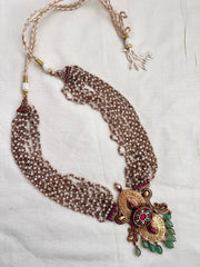 Gold polish kundan & ruby statement pendant with beads chain-Silver Neckpiece-CI-House of Taamara