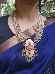 Gold polish kundan & ruby statement pendant with beads chain-Silver Neckpiece-CI-House of Taamara