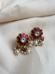 Gold polish kundan & ruby studs with pearls-Earrings-CI-House of Taamara