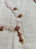 Gold polish kundan & ruby style pendant, chain stringed in rose quartz beads SET-Silver Neckpiece-CI-House of Taamara