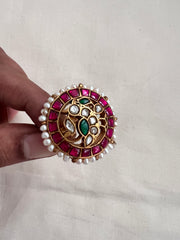 Gold polish kundan & ruby with pearls adjustable finger ring-Finger Ring-CI-House of Taamara
