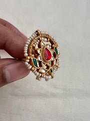 Gold polish kundan & ruby with pearls adjustable finger ring-Finger Ring-CI-House of Taamara
