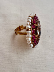 Gold polish kundan & ruby with pearls adjustable finger ring-Finger Ring-CI-House of Taamara