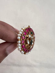 Gold polish kundan & ruby with pearls adjustable finger ring-Finger Ring-CI-House of Taamara