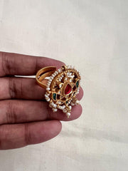 Gold polish kundan & ruby with pearls adjustable finger ring-Finger Ring-CI-House of Taamara
