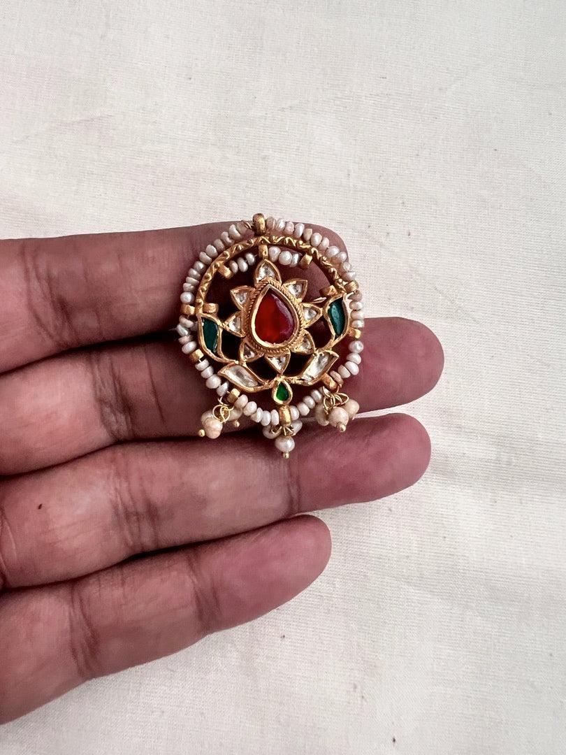 Gold polish kundan & ruby with pearls adjustable finger ring-Finger Ring-CI-House of Taamara