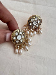 Gold polish kundan studs with pearls-Earrings-CI-House of Taamara