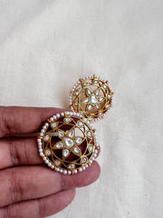 Gold polish kundan studs with round pearls-Earrings-CI-House of Taamara