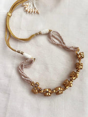 Gold polish kundan work necklace with pearls-Silver Neckpiece-CI-House of Taamara