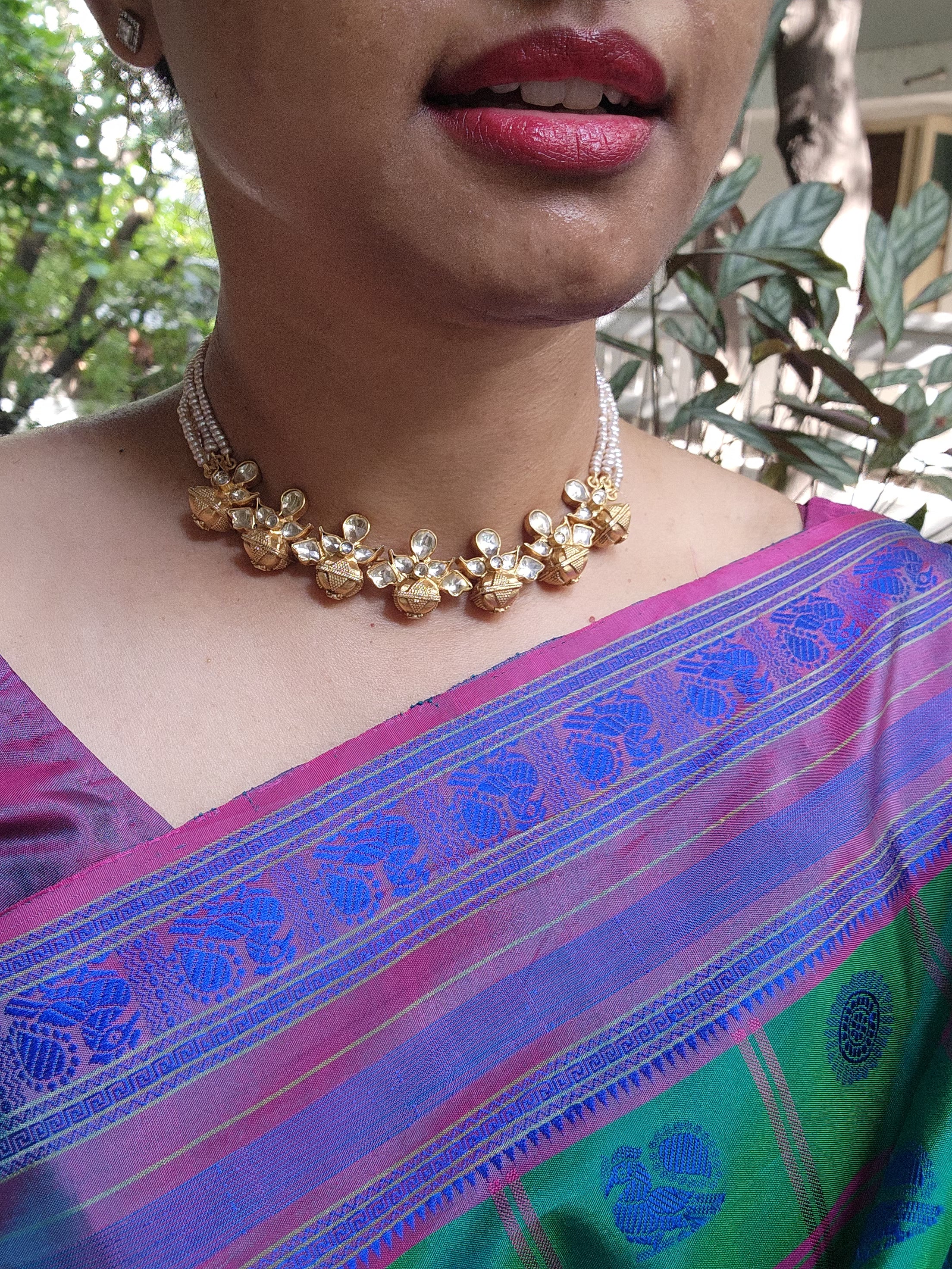 Gold polish kundan work necklace with pearls-Silver Neckpiece-CI-House of Taamara