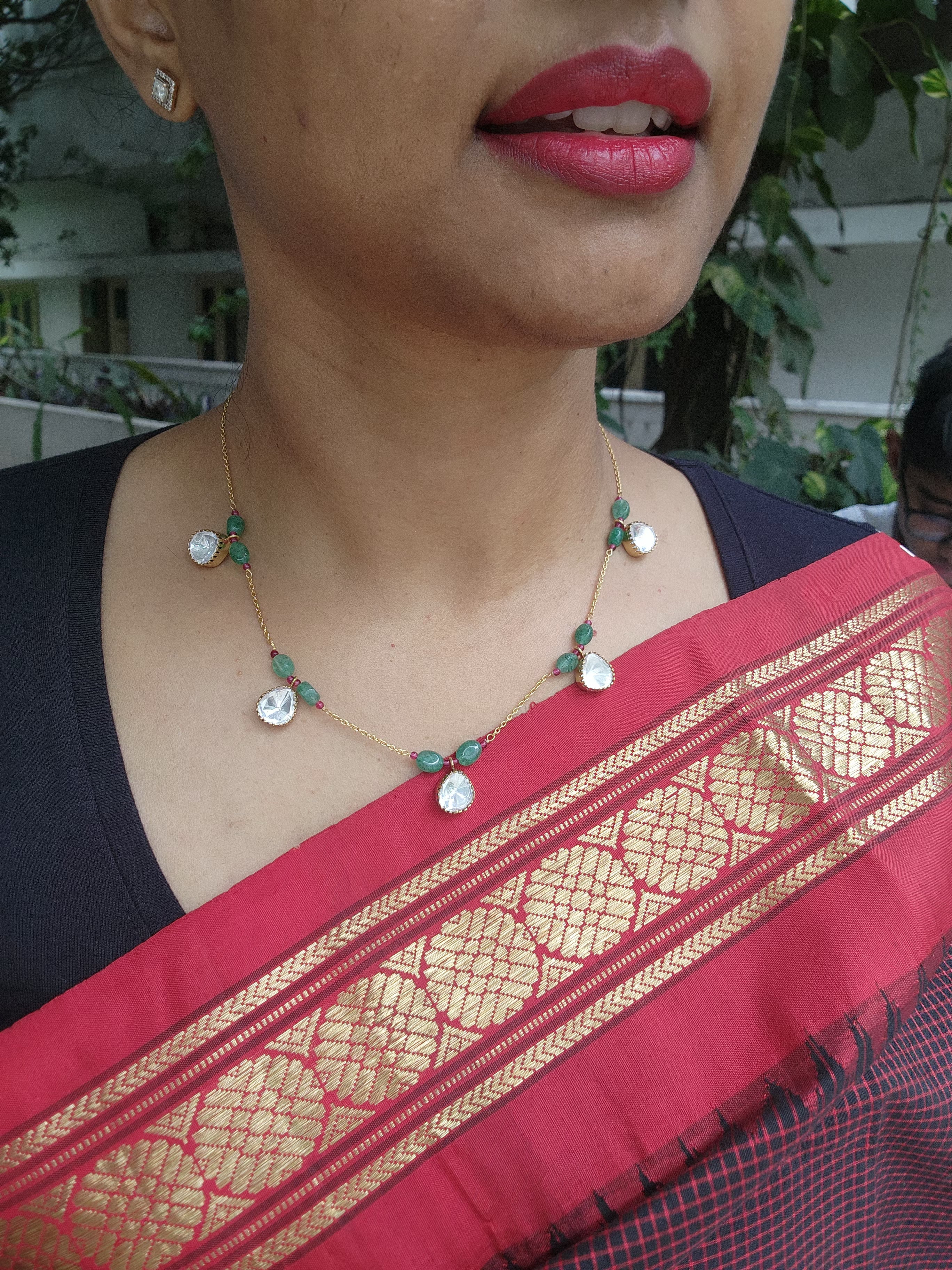 Gold polish moissanite chain with jade & ruby beads-Silver Neckpiece-CI-House of Taamara
