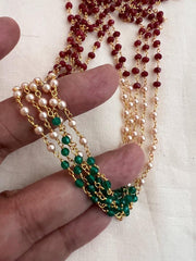 Gold polish multi layer ruby, pearls & green onyx beads chain-Silver Neckpiece-CI-House of Taamara