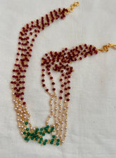 Gold polish multi layer ruby, pearls & green onyx beads chain-Silver Neckpiece-CI-House of Taamara