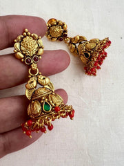 Gold polish nakash work jhumkas with coral beads-Earrings-CI-House of Taamara