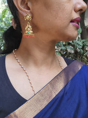 Gold polish nakash work jhumkas with coral beads-Earrings-CI-House of Taamara