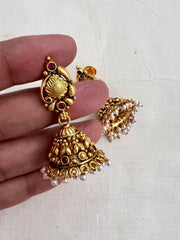 Gold polish nakash work jhumkas with pearls-Earrings-CI-House of Taamara