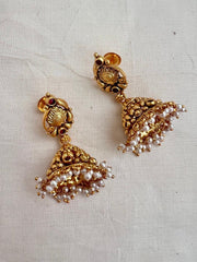 Gold polish nakash work jhumkas with pearls-Earrings-CI-House of Taamara