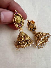 Gold polish nakash work jhumkas with pearls-Earrings-CI-House of Taamara