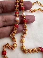Gold polish nakshi beads with coral and pearl bead chain-Silver Neckpiece-CI-House of Taamara