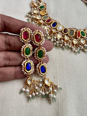 Gold polish navrathana necklace with pearls, SET-Silver Neckpiece-CI-House of Taamara