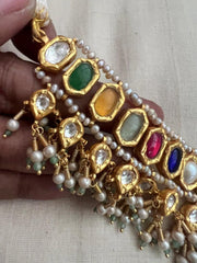 Gold polish navrathana necklace with pearls, SET-Silver Neckpiece-CI-House of Taamara