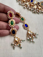 Gold polish navrathana necklace with pearls, SET-Silver Neckpiece-CI-House of Taamara