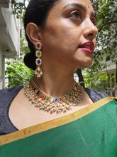 Gold polish navrathana necklace with pearls, SET-Silver Neckpiece-CI-House of Taamara