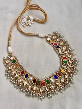 Gold polish navrathana necklace with pearls, SET-Silver Neckpiece-CI-House of Taamara