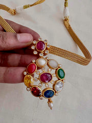 Gold polish navrathana pendant necklace-Silver Neckpiece-CI-House of Taamara