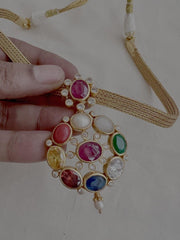 (Made To Order) Gold polish navrathana pendant necklace-Silver Neckpiece-CI-House of Taamara