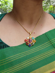 Gold polish navrathana pendant with chain-Silver Neckpiece-CI-House of Taamara