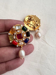 Gold polish navrathana studs with pearls-Earrings-CI-House of Taamara