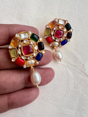 Gold polish navrathana studs with pearls-Earrings-CI-House of Taamara