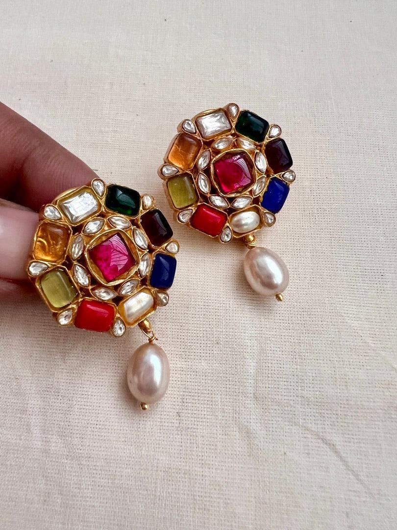 Gold polish navrathana studs with pearls-Earrings-CI-House of Taamara