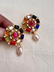 Gold polish navrathana studs with pearls-Earrings-CI-House of Taamara
