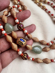 Gold polish necklace with nakhsi & ruby beads, corals and pearls-Silver Neckpiece-CI-House of Taamara