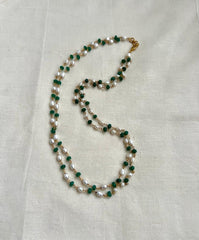 Gold polish pearl and green onyx beads chain-Silver Neckpiece-CI-House of Taamara