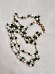Gold polish pearl and green onyx beads chain-Silver Neckpiece-CI-House of Taamara