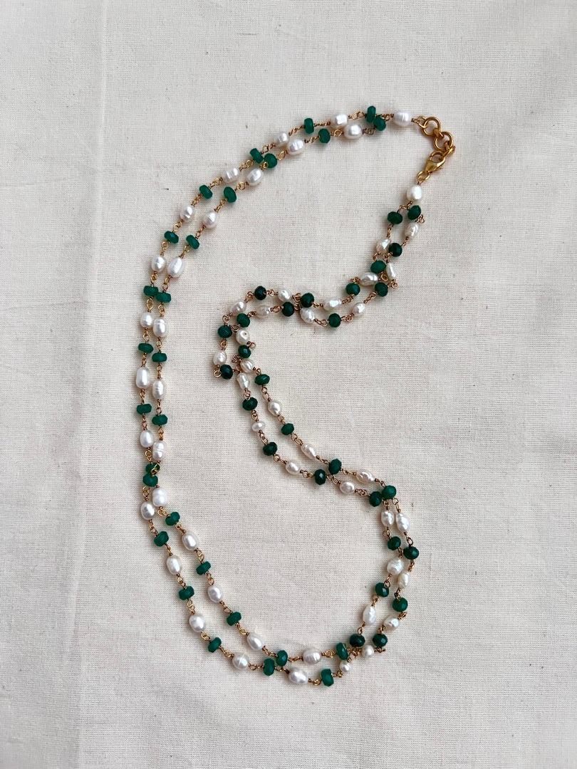 Gold polish pearl and green onyx beads chain-Silver Neckpiece-CI-House of Taamara