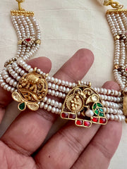 Gold polish pearl choker stringed with kundan, ruby & emerald motifs-Silver Neckpiece-CI-House of Taamara