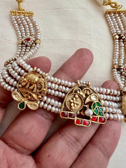 Gold polish pearl choker stringed with kundan, ruby & emerald motifs-Silver Neckpiece-CI-House of Taamara