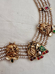 Gold polish pearl choker stringed with kundan, ruby & emerald motifs-Silver Neckpiece-CI-House of Taamara