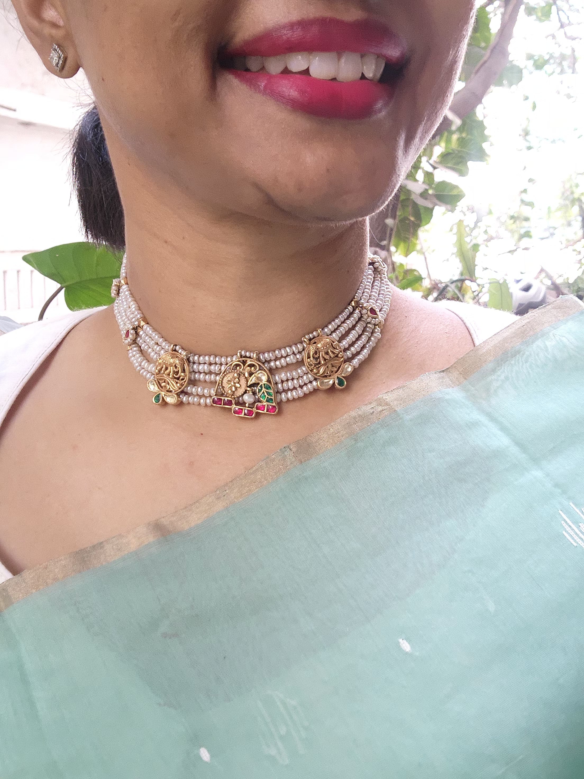 Gold polish pearl choker stringed with kundan, ruby & emerald motifs-Silver Neckpiece-CI-House of Taamara