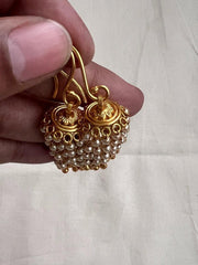 Gold polish pearl hanging jhumkas-Earrings-CI-House of Taamara