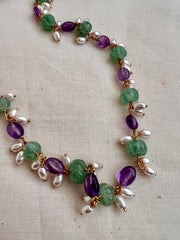 Gold polish pearls, amethyst & pumpkin jade beads chain-Silver Neckpiece-CI-House of Taamara
