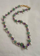 Gold polish pearls, amethyst & pumpkin jade beads chain-Silver Neckpiece-CI-House of Taamara